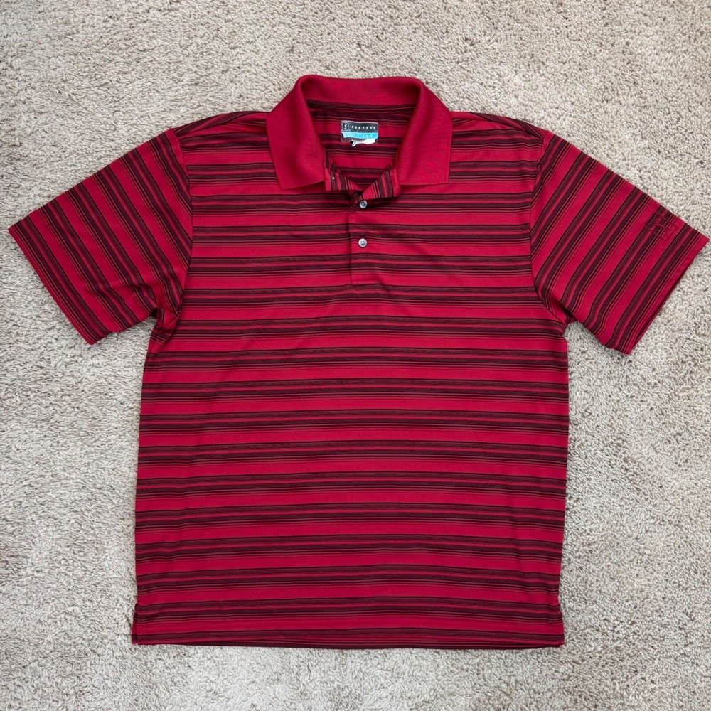 PGA TOUR Golf Polo Shirt Mens L Red Black  Striped Short Sleeve Airflux Athletic